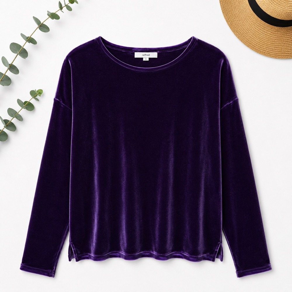 J. Jill Women Purple Velvet‎ Long Sleeve Crew Neck Top XS Relaxed Fit Side Slits